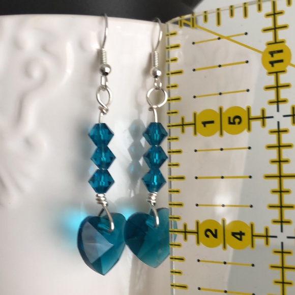 New Sparkling Crystal Glass Dangling Drop Teal Blue Heart Handmade Gift Earrings - Picture 5 of 5